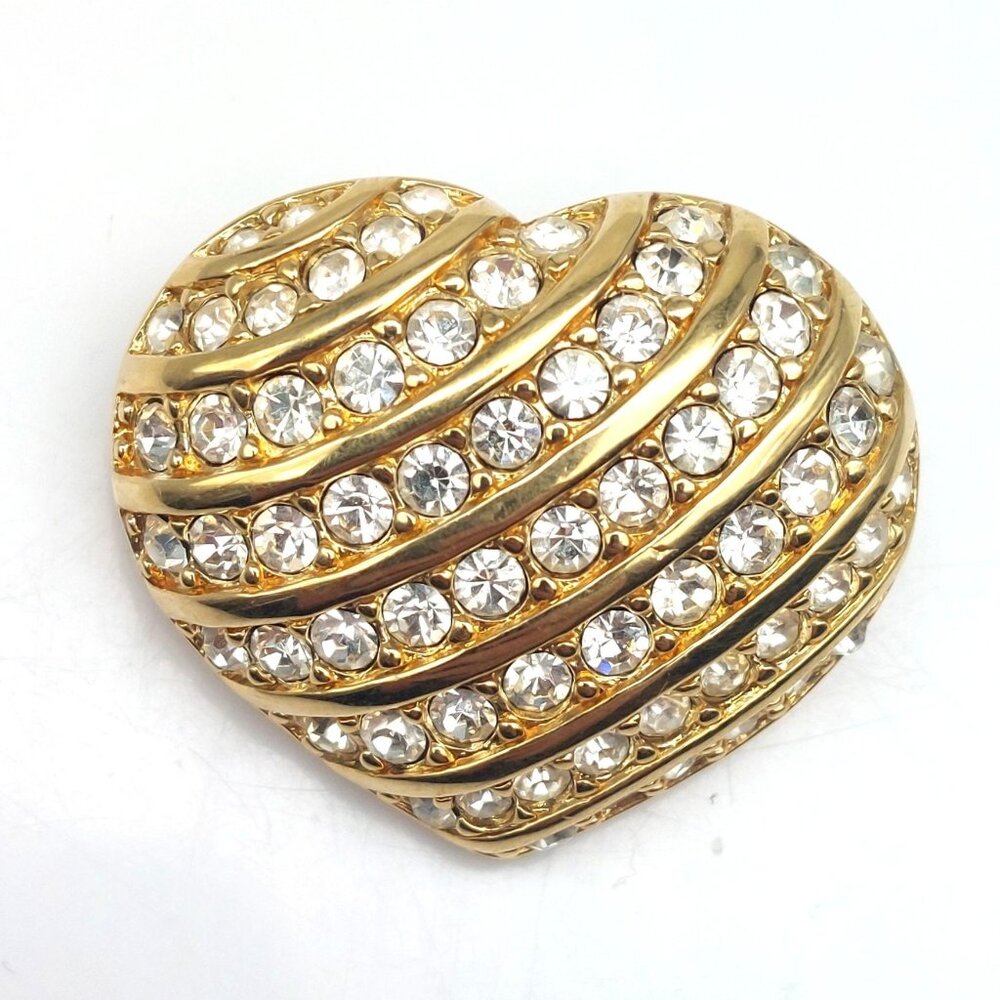 Vintage Swarovski Pave Heart Brooch, Clear Crystals Puffy Lapel Pin with Gold